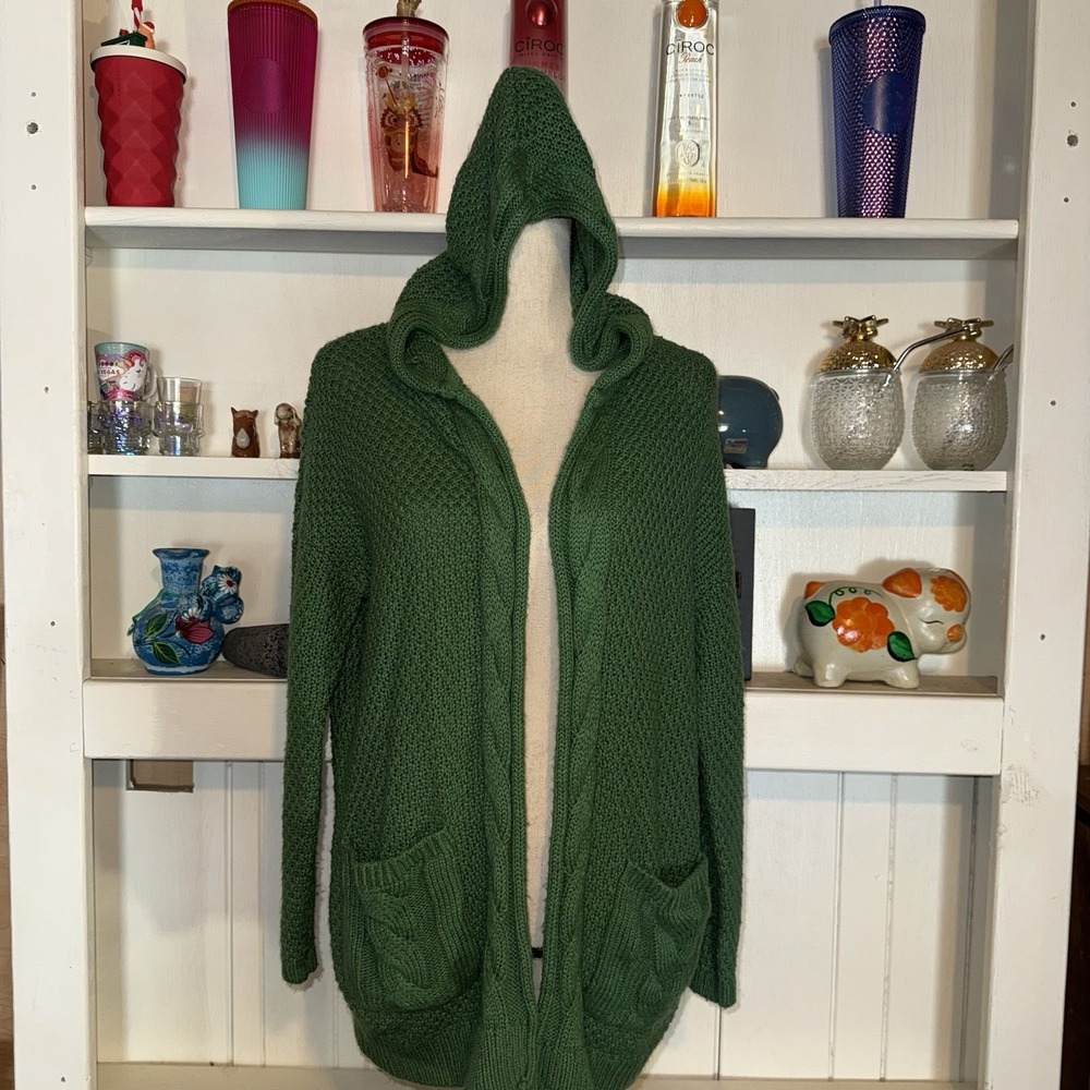 Christopher & Banks Green Medium Women's Knit Open Front Hooded Sweater - Picture 2 of 8